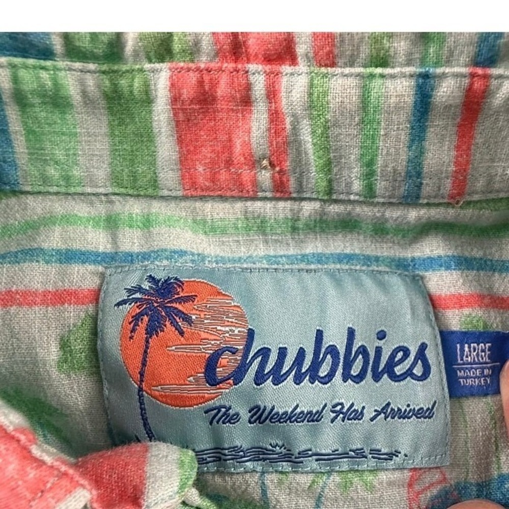 Chubbies Mens Large Short Sleeve Collared Shirt Tropical Palm Tree Stripe Green - Picture 4 of 12